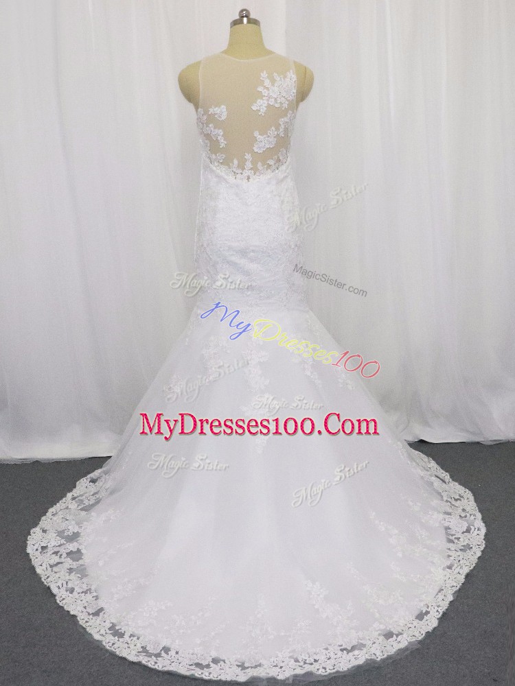 High Quality White Wedding Gown Scoop Sleeveless Brush Train Side Zipper