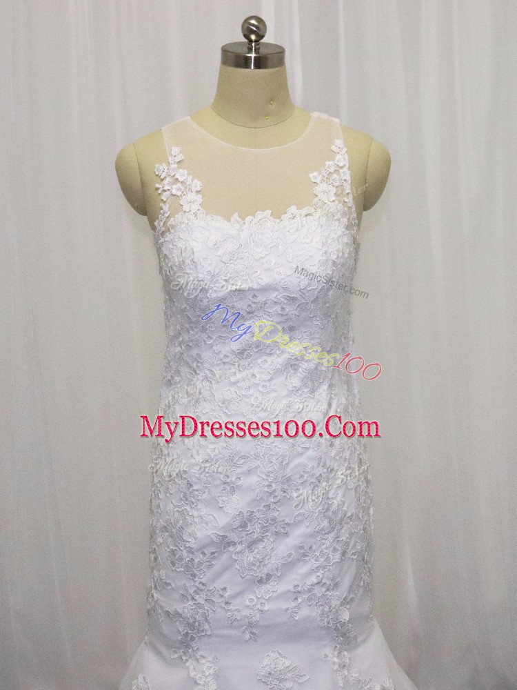 High Quality White Wedding Gown Scoop Sleeveless Brush Train Side Zipper