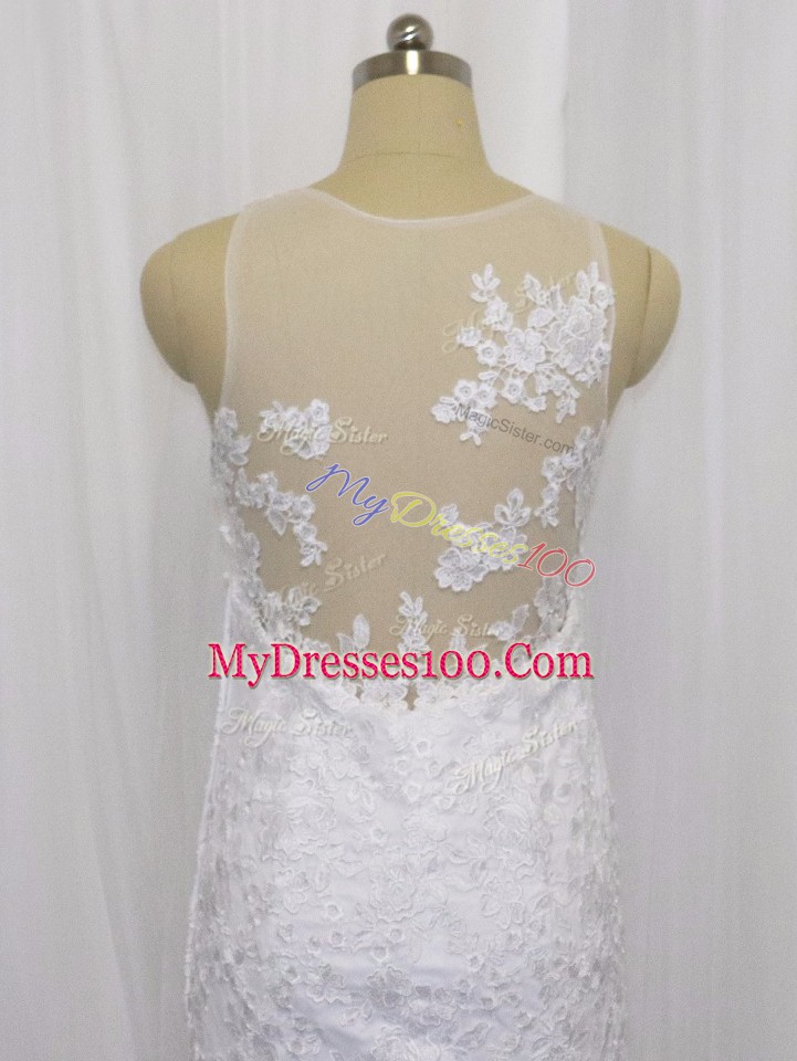 High Quality White Wedding Gown Scoop Sleeveless Brush Train Side Zipper