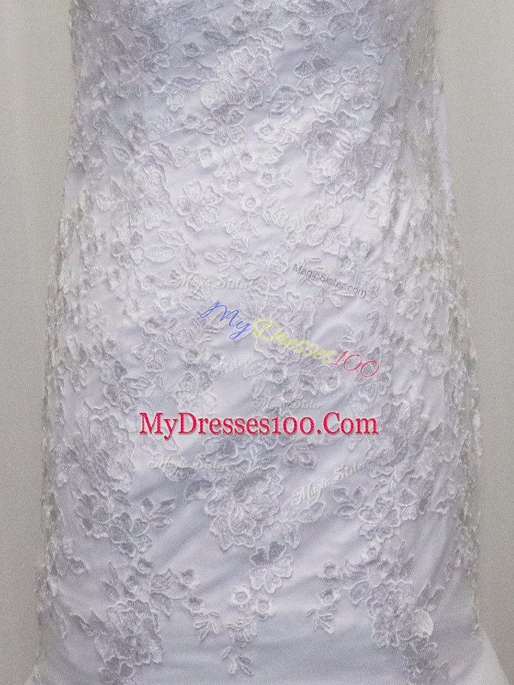 High Quality White Wedding Gown Scoop Sleeveless Brush Train Side Zipper