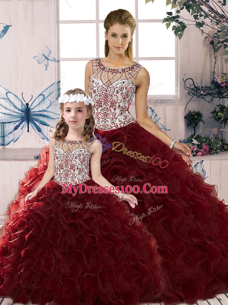 Luxury Scoop Sleeveless Lace Up Ball Gown Prom Dress Burgundy Organza