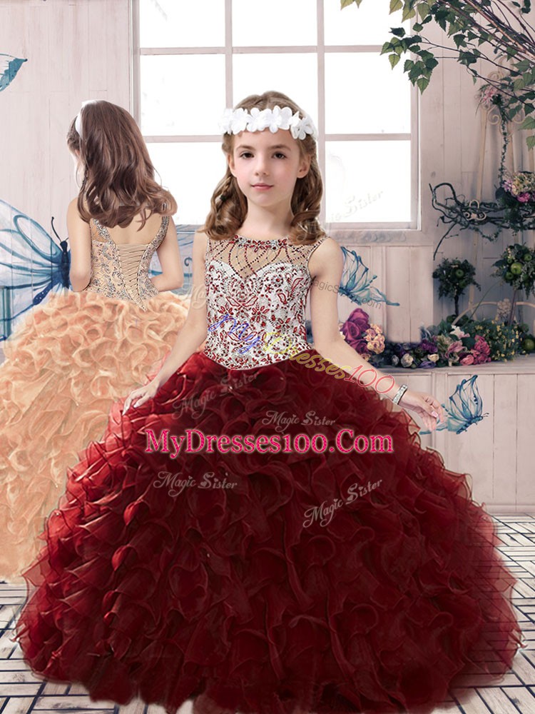 Luxury Scoop Sleeveless Lace Up Ball Gown Prom Dress Burgundy Organza