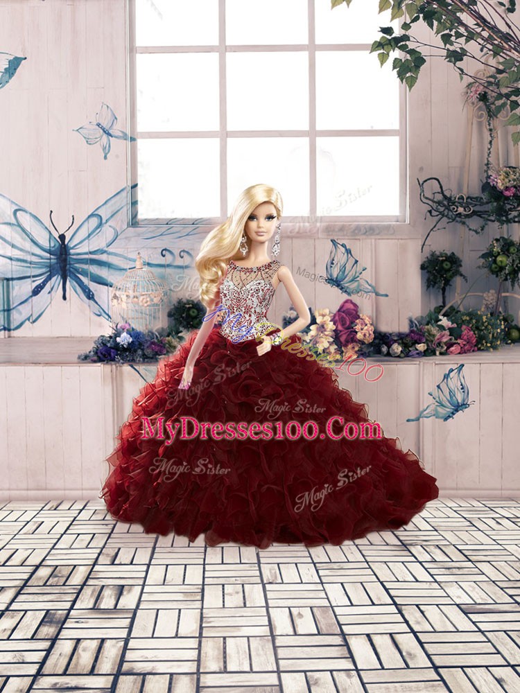 Luxury Scoop Sleeveless Lace Up Ball Gown Prom Dress Burgundy Organza