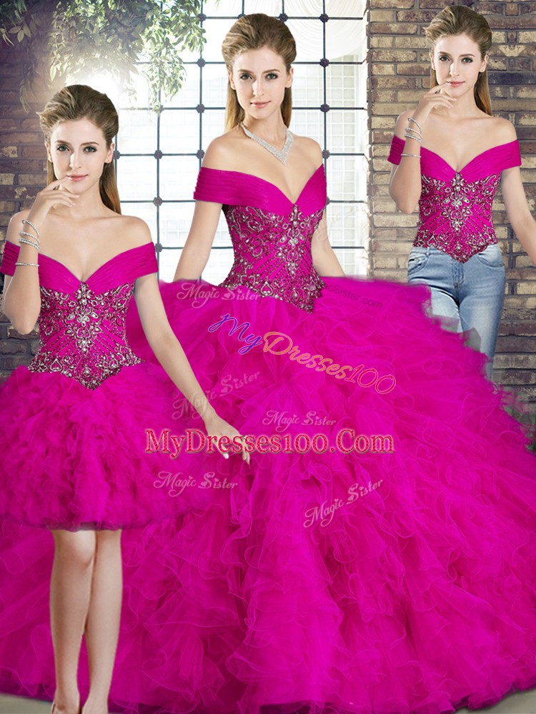Edgy Fuchsia Off The Shoulder Neckline Beading and Ruffles Quinceanera Dress Sleeveless Lace Up