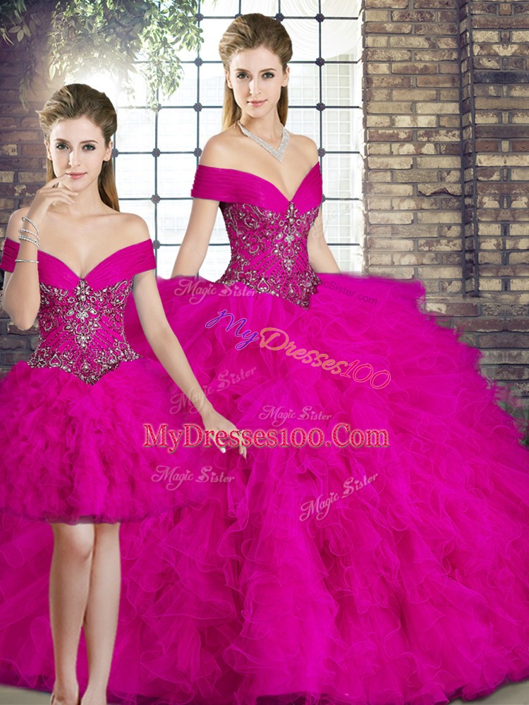 Edgy Fuchsia Off The Shoulder Neckline Beading and Ruffles Quinceanera Dress Sleeveless Lace Up