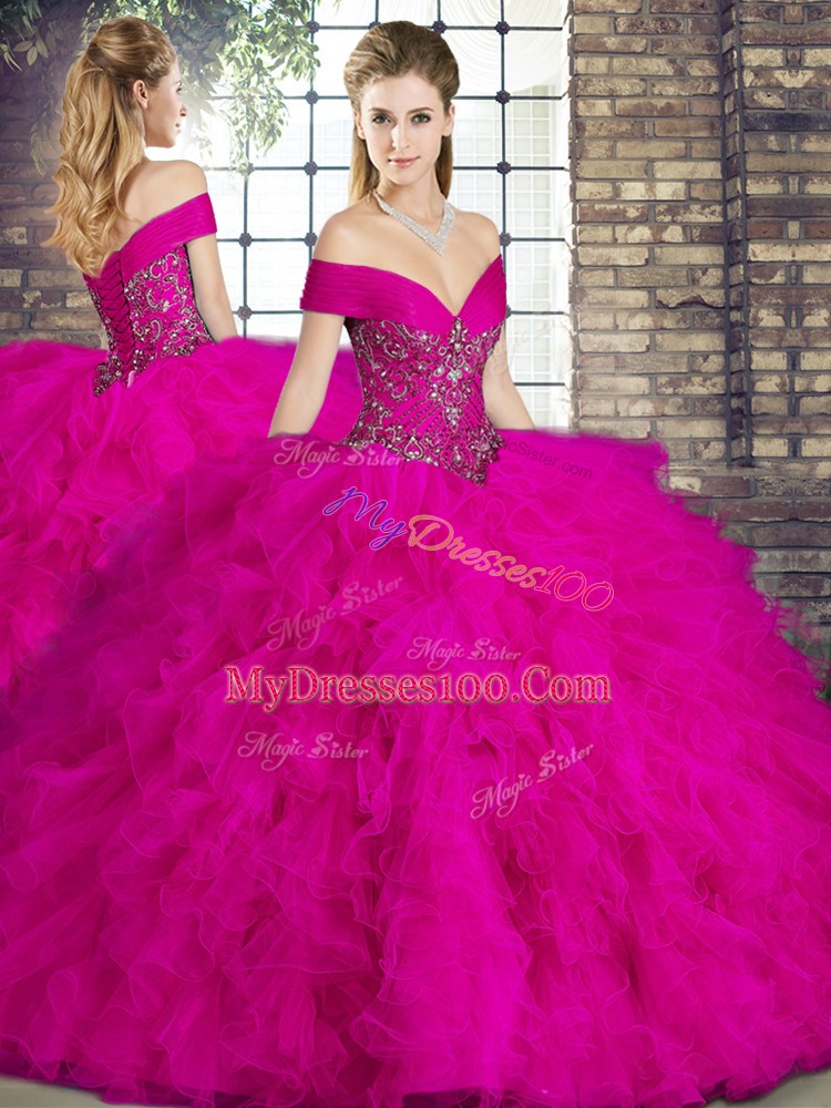 Edgy Fuchsia Off The Shoulder Neckline Beading and Ruffles Quinceanera Dress Sleeveless Lace Up