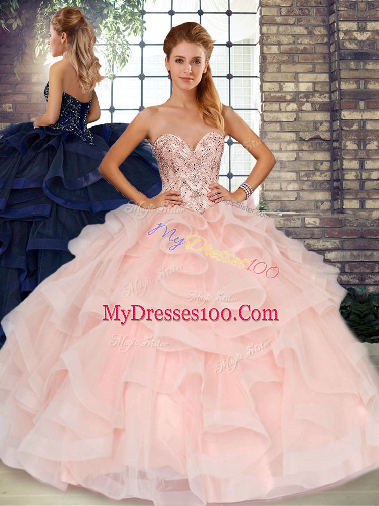 Baby Pink Lace Up Quinceanera Dresses Beading and Ruffles Sleeveless Floor Length
