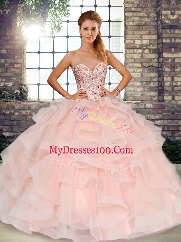 Baby Pink Lace Up Quinceanera Dresses Beading and Ruffles Sleeveless Floor Length