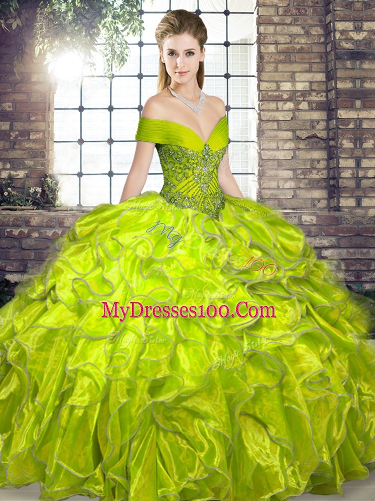 Sleeveless Organza Floor Length Lace Up Quinceanera Dress in Olive Green with Beading and Ruffles
