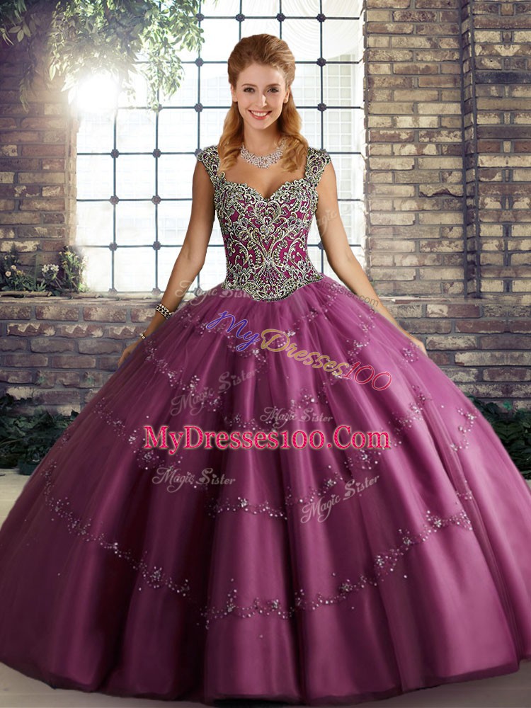Comfortable Fuchsia Tulle Lace Up Quinceanera Dresses Sleeveless Floor Length Beading and Appliques
