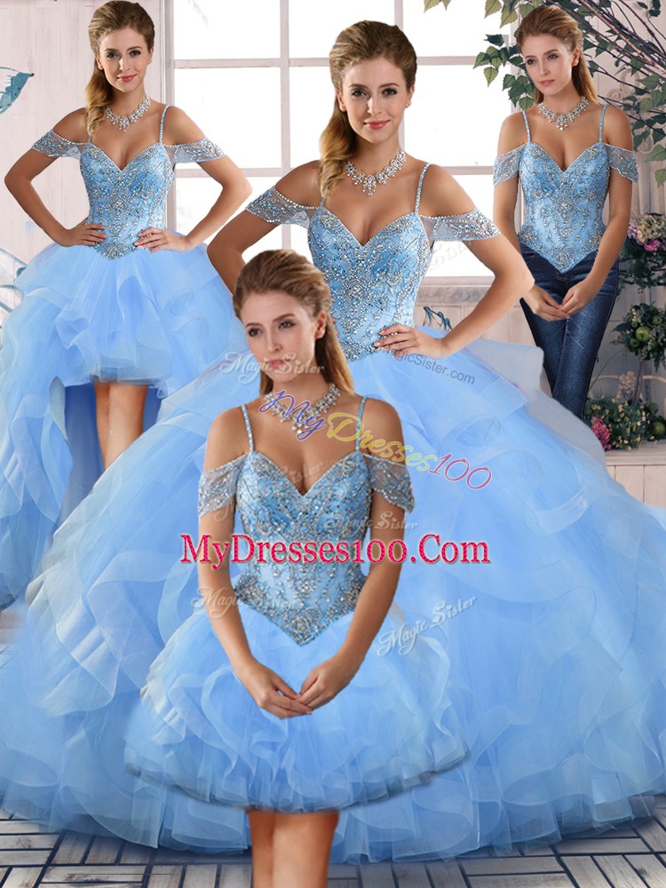 Blue Tulle Lace Up Quinceanera Dress for Sweet 16 and Quinceanera