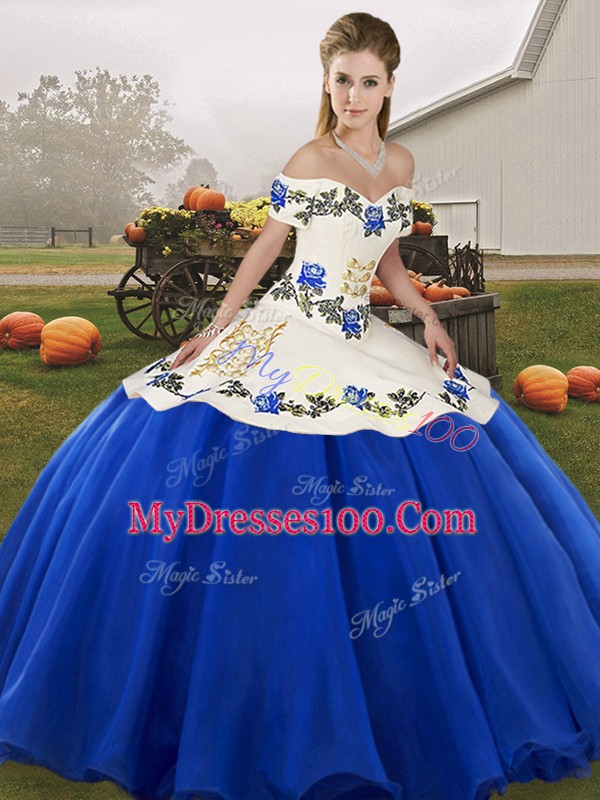 Trendy Blue And White Sleeveless Embroidery and Ruffles Floor Length 15 Quinceanera Dress