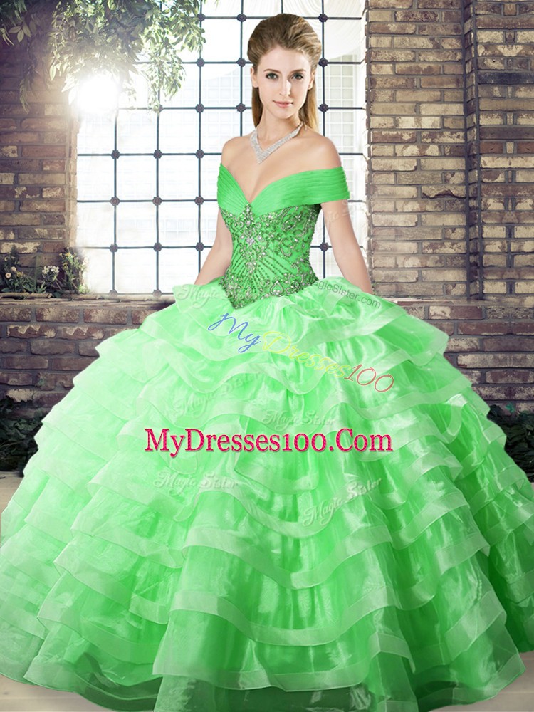New Arrival Lace Up 15th Birthday Dress Green for Military Ball and Sweet 16 and Quinceanera with Beading and Ruffled Layers Brush Train