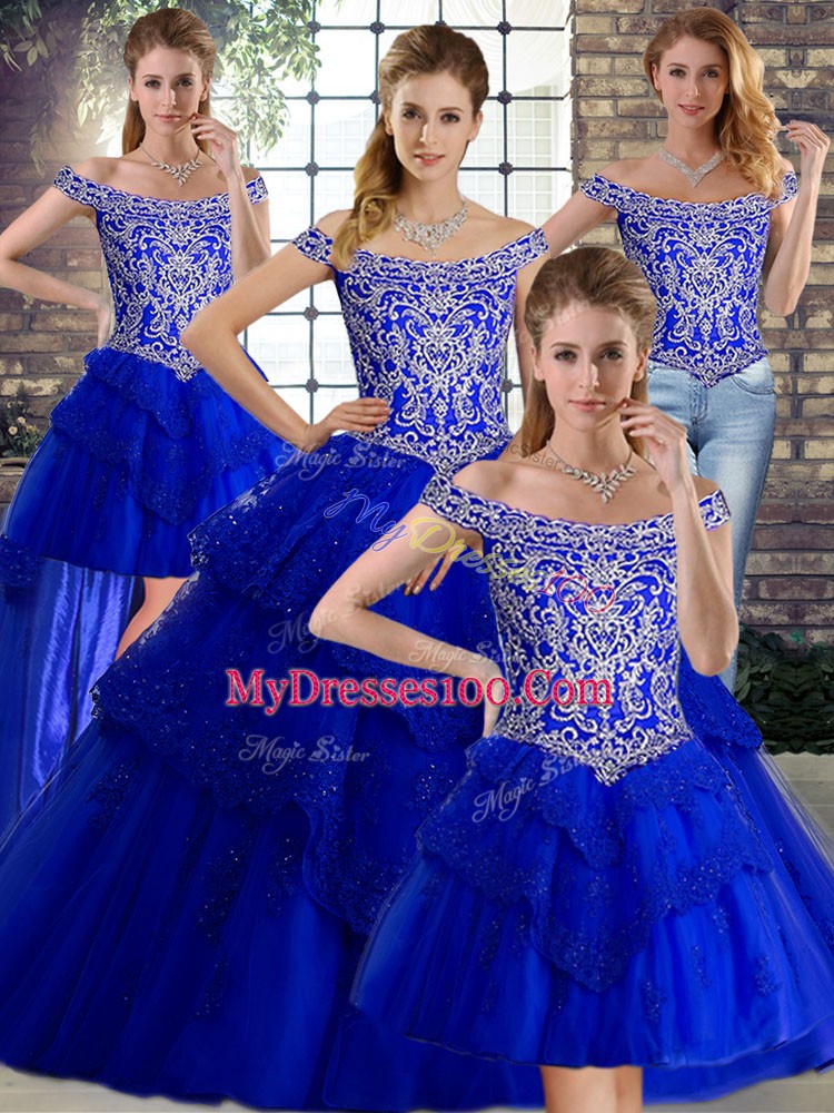 Superior Royal Blue Ball Gowns Beading and Lace Quinceanera Gown Lace Up Tulle Sleeveless