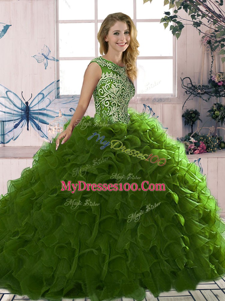 Luxurious Olive Green Sleeveless Beading and Ruffles Floor Length Quinceanera Dress