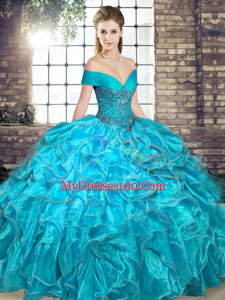 Aqua Blue Sleeveless Floor Length Beading and Ruffles Lace Up Sweet 16 Dresses