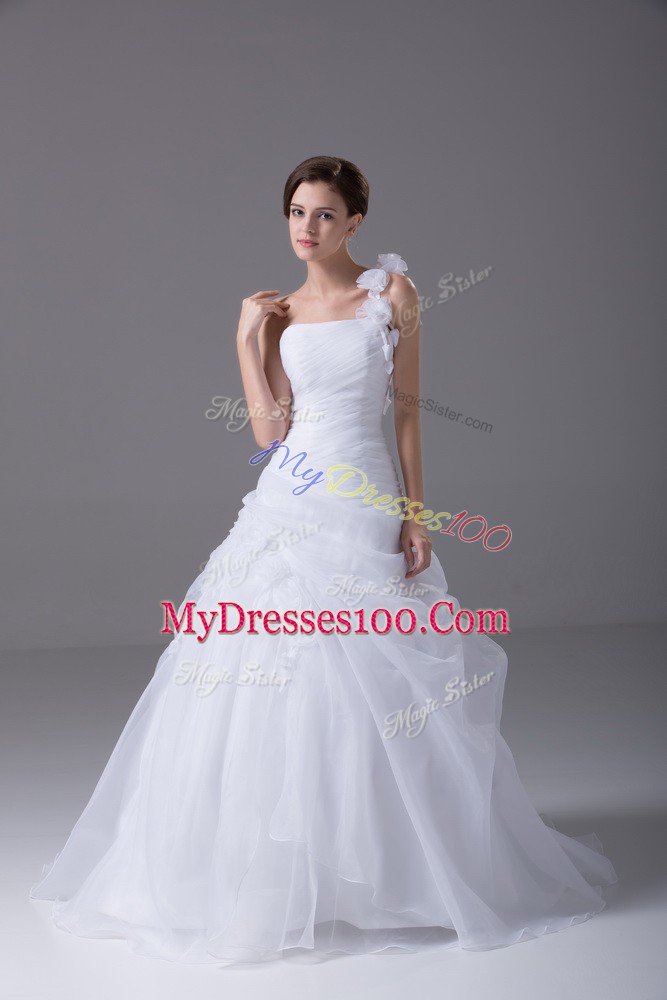 White Sleeveless Organza Brush Train Lace Up Wedding Gown for Wedding Party