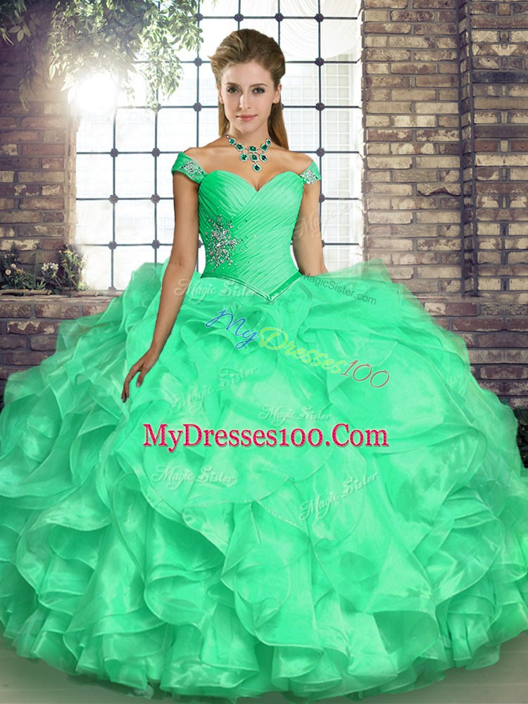 High End Turquoise Off The Shoulder Neckline Beading and Ruffles 15 Quinceanera Dress Sleeveless Lace Up