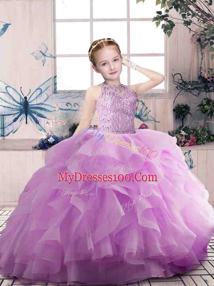 Trendy Lilac Zipper Pageant Dress Wholesale Beading and Ruffles Sleeveless Floor Length