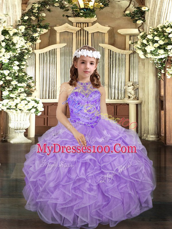 Elegant Sleeveless Lace Up Floor Length Beading and Ruffles Little Girls Pageant Gowns