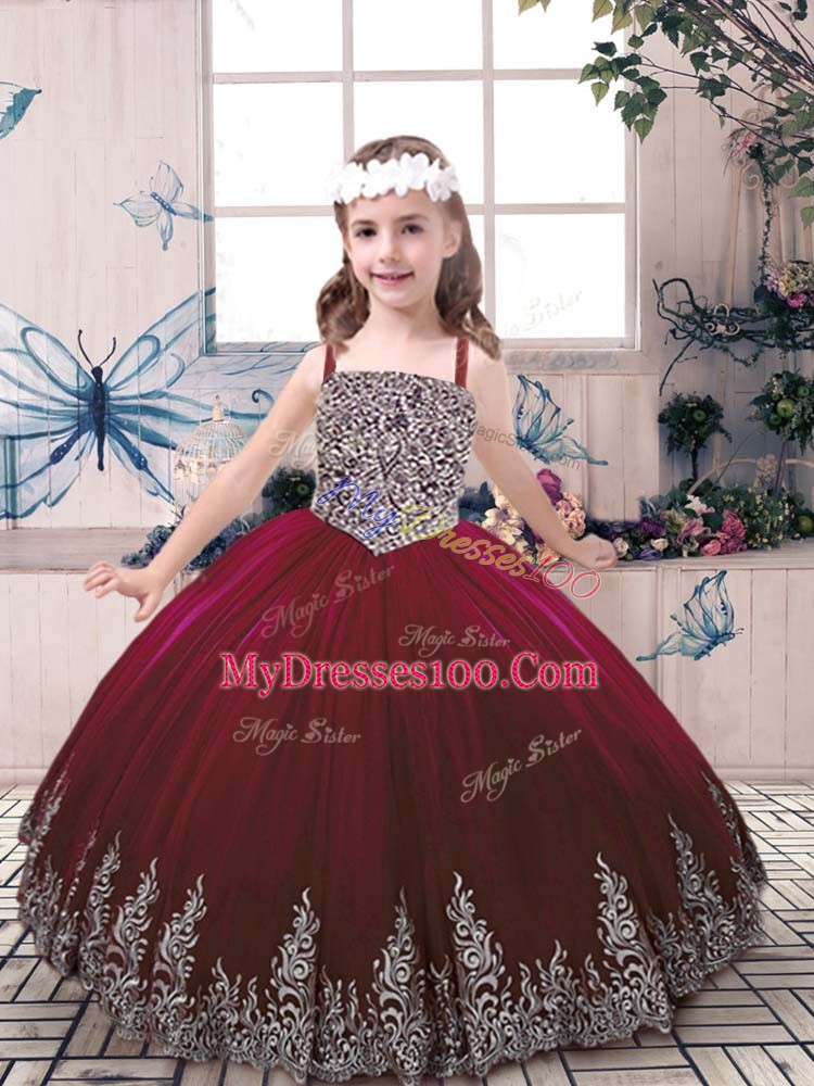 Luxurious Floor Length Burgundy Child Pageant Dress Tulle Sleeveless Beading and Embroidery