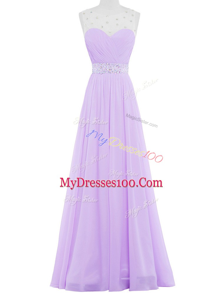 Sleeveless Chiffon Floor Length Backless Pageant Gowns in Lavender with Beading