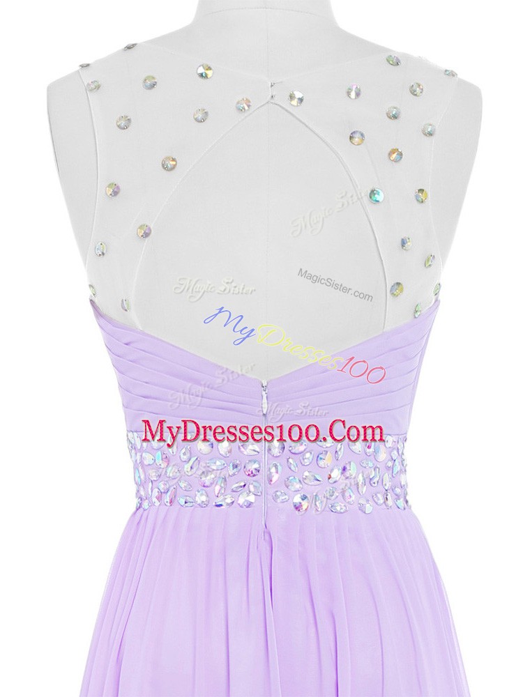 Sleeveless Chiffon Floor Length Backless Pageant Gowns in Lavender with Beading
