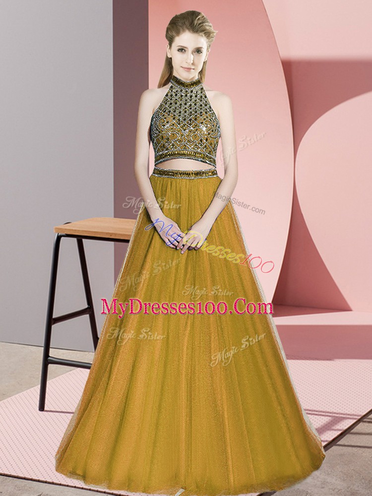 Floor Length Brown Prom Dress Halter Top Sleeveless Backless
