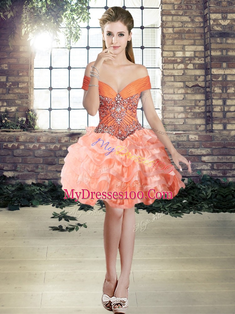 Elegant Orange Sleeveless Mini Length Beading and Ruffled Layers Lace Up Homecoming Dress