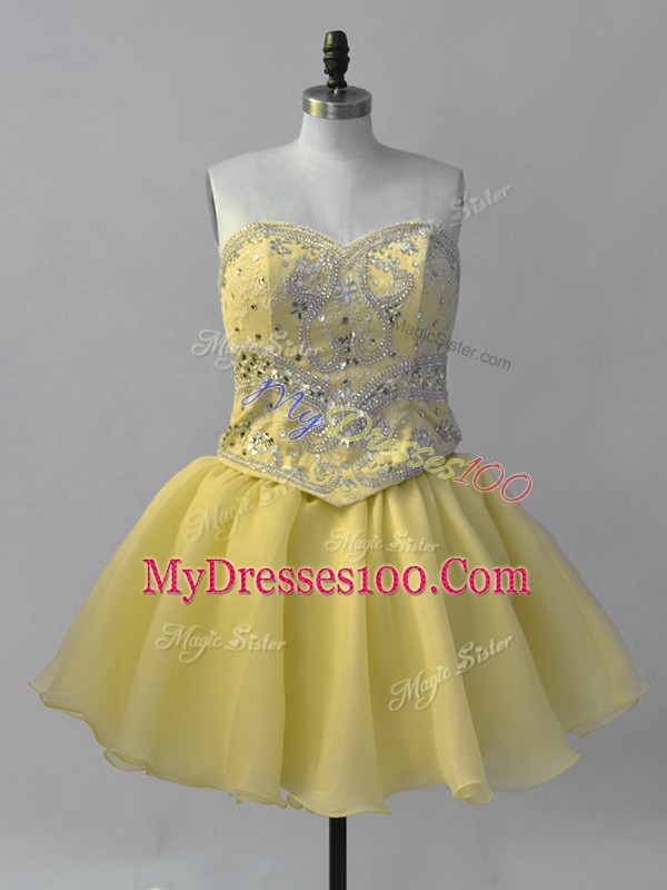 Hot Selling Mini Length Lace Up Dress for Prom Yellow for Prom and Party and Military Ball with Beading