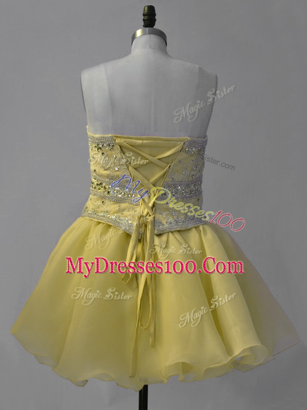 Hot Selling Mini Length Lace Up Dress for Prom Yellow for Prom and Party and Military Ball with Beading