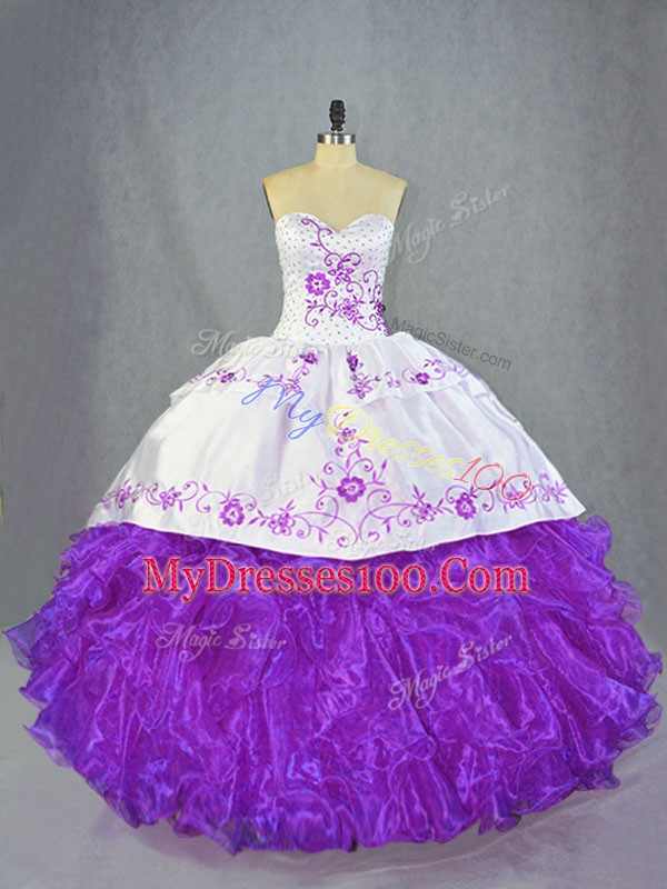 Purple Ball Gowns Beading and Ruffles Quince Ball Gowns Lace Up Organza Sleeveless