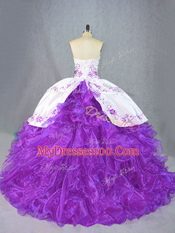 Purple Ball Gowns Beading and Ruffles Quince Ball Gowns Lace Up Organza Sleeveless