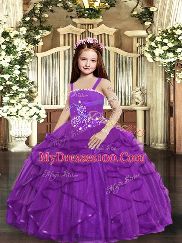 Latest Floor Length Lace Up Child Pageant Dress Purple for Party and Wedding Party with Ruffles