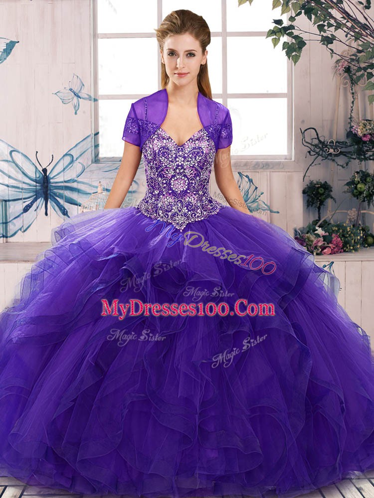 Flare Purple Tulle Lace Up Off The Shoulder Sleeveless Floor Length Quinceanera Gown Beading and Ruffles