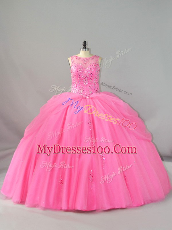 Top Selling Rose Pink Sleeveless Tulle Brush Train Lace Up Sweet 16 Quinceanera Dress for Sweet 16 and Quinceanera