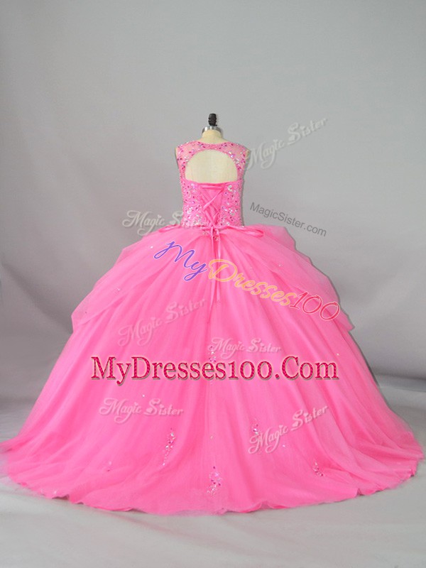 Top Selling Rose Pink Sleeveless Tulle Brush Train Lace Up Sweet 16 Quinceanera Dress for Sweet 16 and Quinceanera