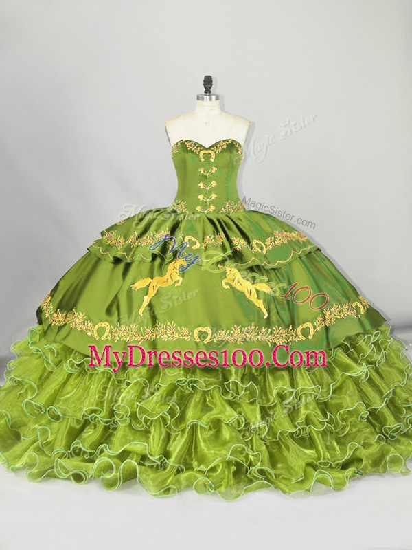 Olive Green Ball Gowns Embroidery and Ruffled Layers Vestidos de Quinceanera Lace Up Satin and Organza Sleeveless
