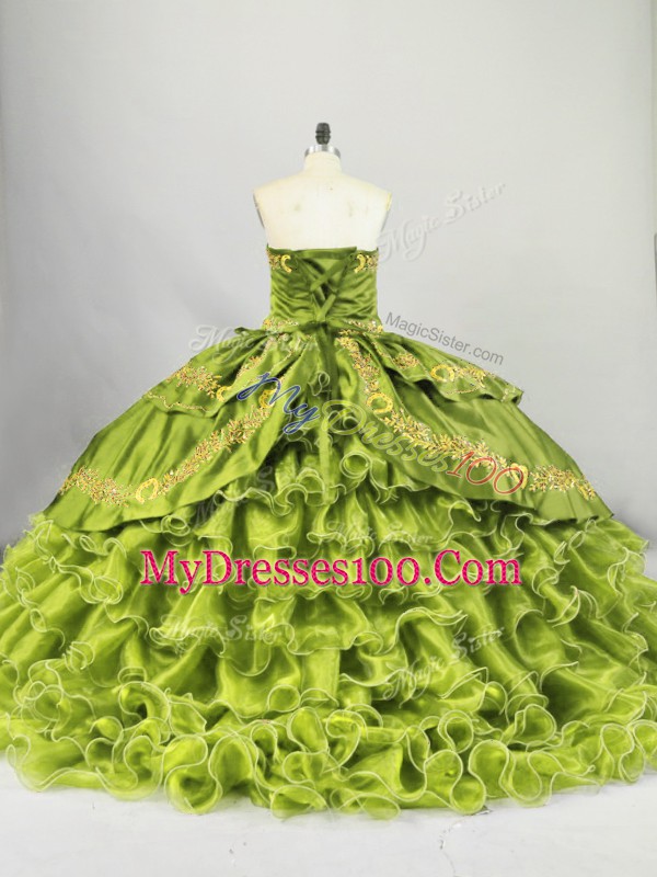 Olive Green Ball Gowns Embroidery and Ruffled Layers Vestidos de Quinceanera Lace Up Satin and Organza Sleeveless