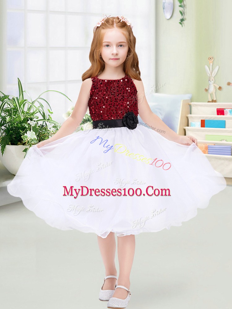 White Scoop Neckline Sequins and Hand Made Flower Flower Girl Dress Sleeveless Zipper