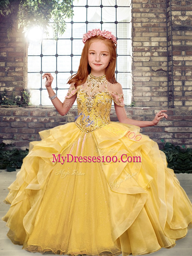 Gold Ball Gowns Organza Scoop Sleeveless Beading and Ruffles Floor Length Lace Up Child Pageant Dress
