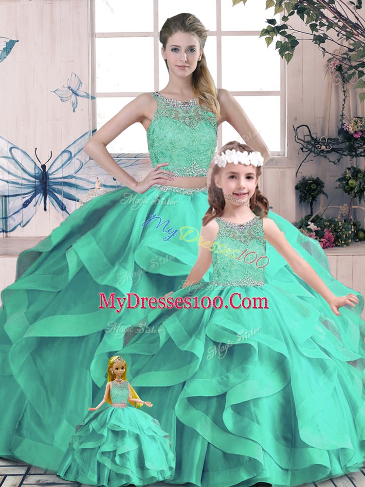 Turquoise Scoop Lace Up Beading and Lace and Ruffles Sweet 16 Quinceanera Dress Sleeveless