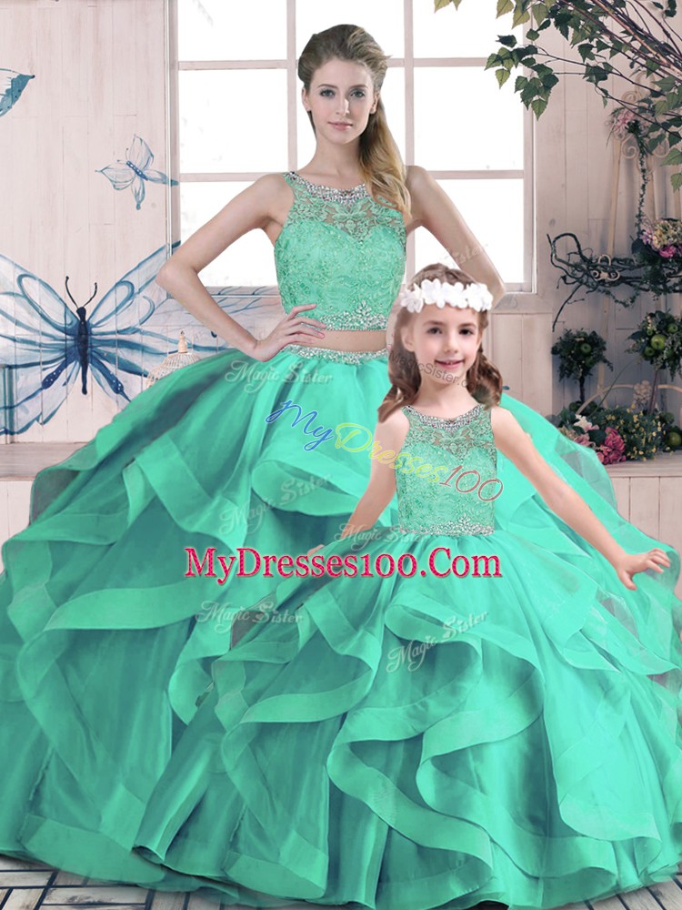 Turquoise Scoop Lace Up Beading and Lace and Ruffles Sweet 16 Quinceanera Dress Sleeveless
