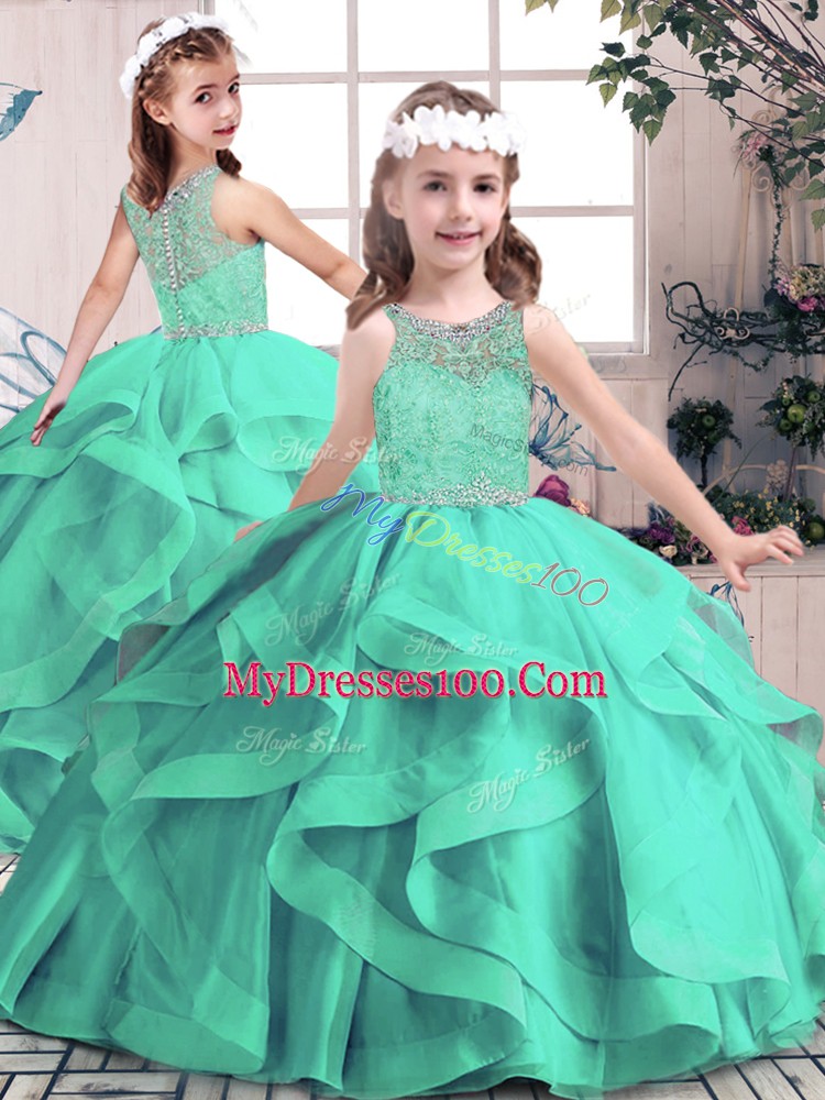 Turquoise Scoop Lace Up Beading and Lace and Ruffles Sweet 16 Quinceanera Dress Sleeveless