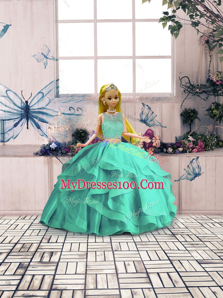 Turquoise Scoop Lace Up Beading and Lace and Ruffles Sweet 16 Quinceanera Dress Sleeveless