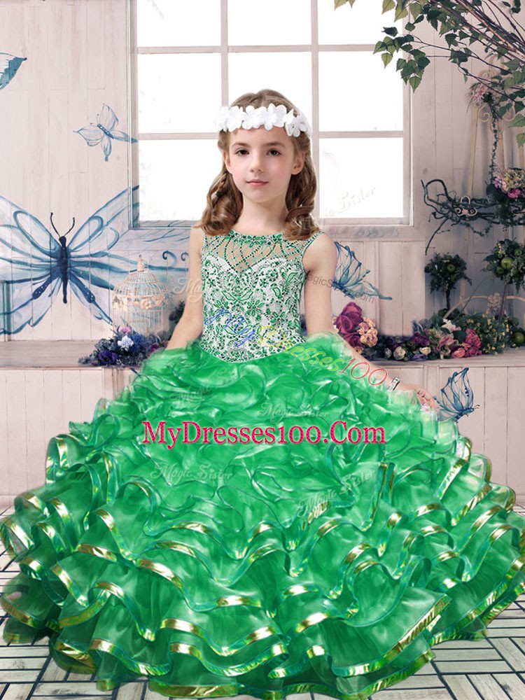 Attractive Scoop Sleeveless Lace Up Girls Pageant Dresses Green Organza