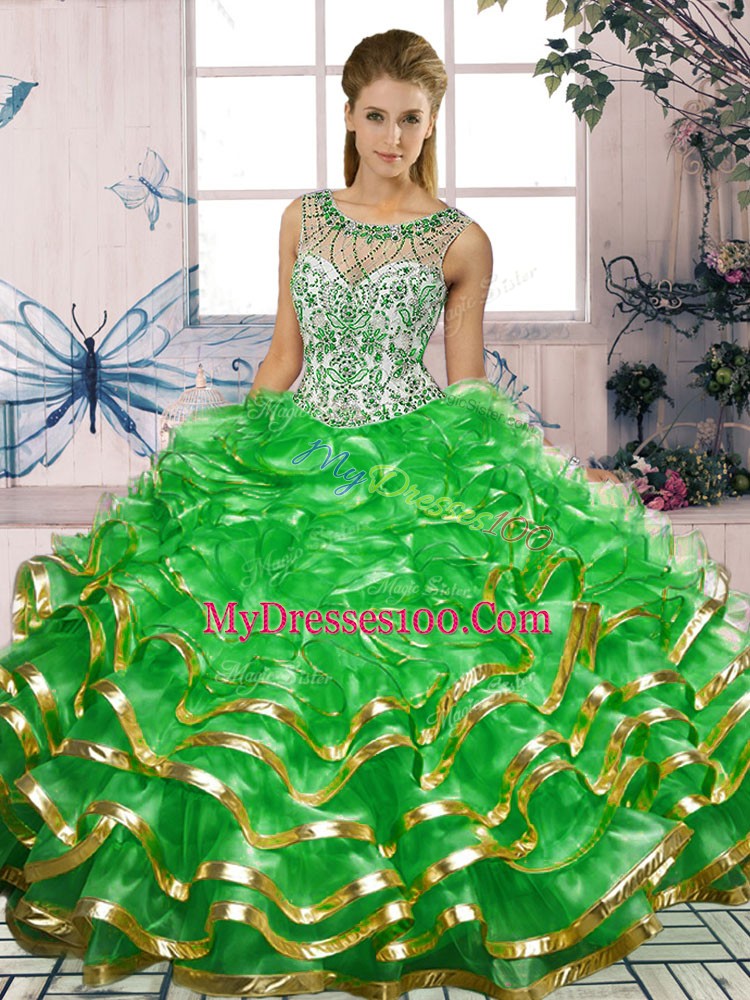 Green Organza Lace Up Scoop Sleeveless Floor Length Ball Gown Prom Dress Beading and Ruffles