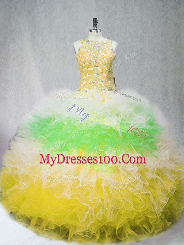 Dynamic Floor Length Multi-color 15th Birthday Dress Tulle Sleeveless Beading and Ruffles