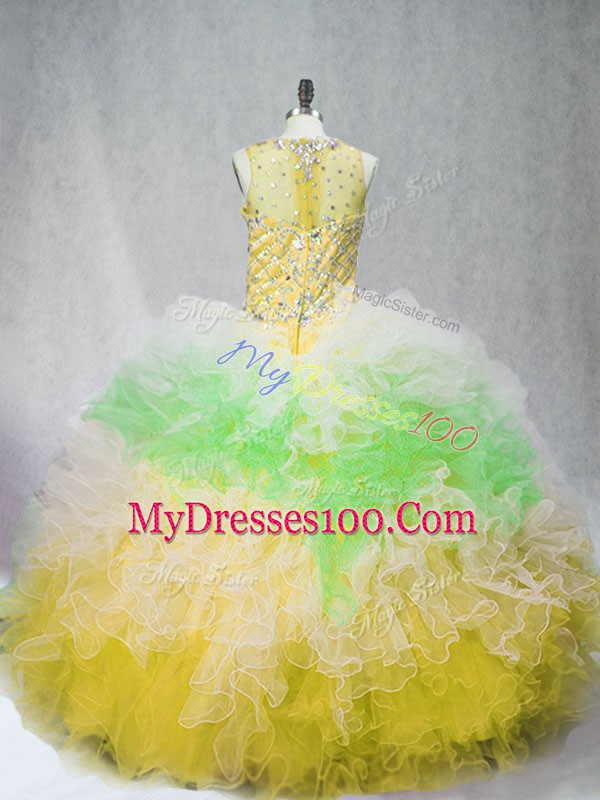 Dynamic Floor Length Multi-color 15th Birthday Dress Tulle Sleeveless Beading and Ruffles