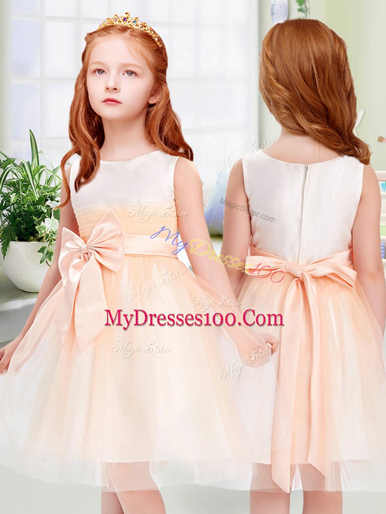 Peach Sleeveless Bowknot Knee Length Toddler Flower Girl Dress